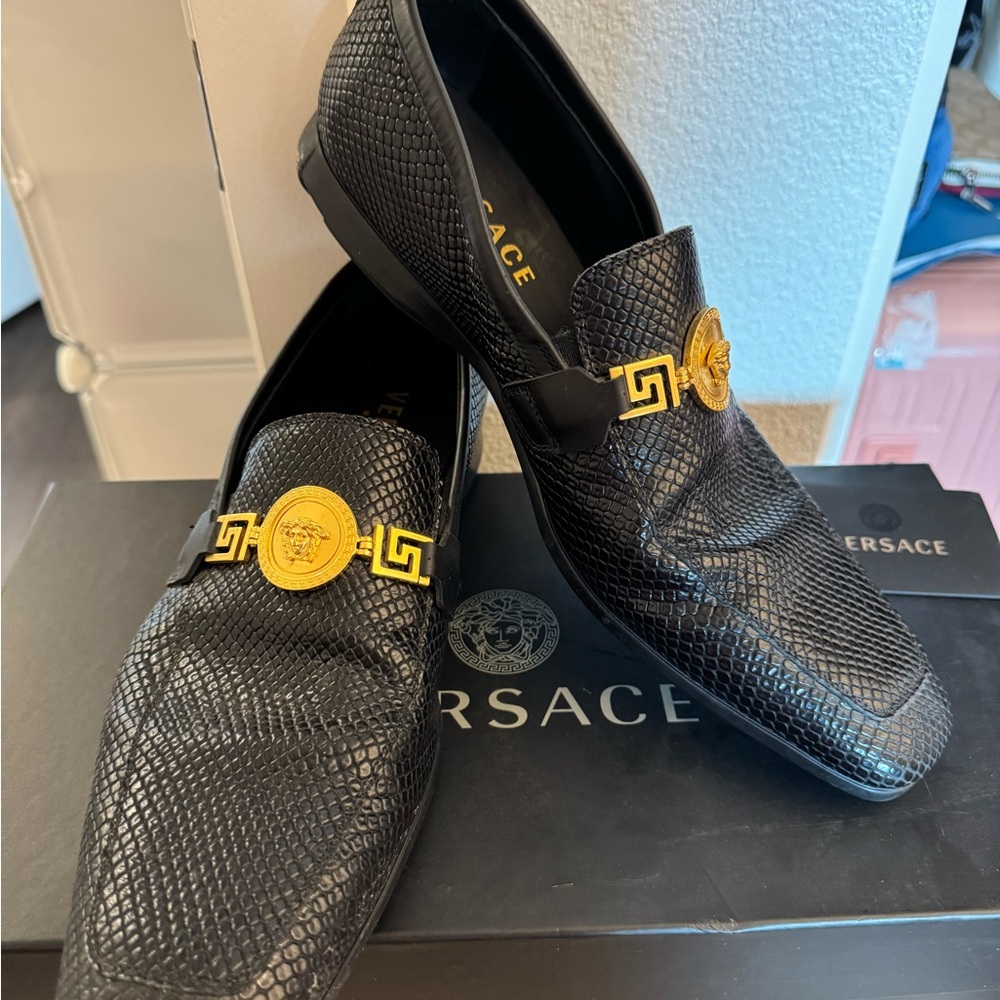 Versace Medusa Loafers - Black Croc Leather with Gold logo